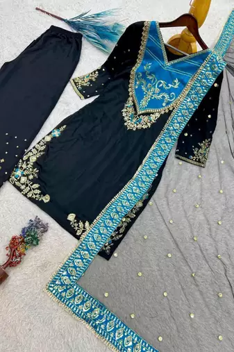 Black cotton poly embroidered palazzo set