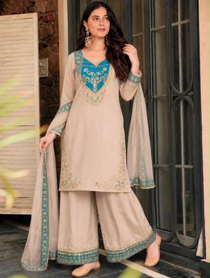 Beige cotton poly embroidered palazzo set 1
