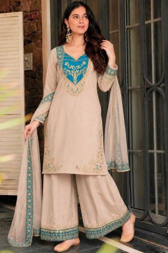 Beige cotton poly embroidered palazzo set