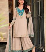 Beige cotton poly embroidered palazzo set