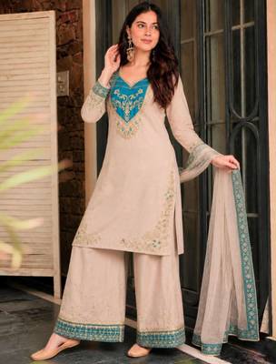Beige cotton poly embroidered palazzo set 2