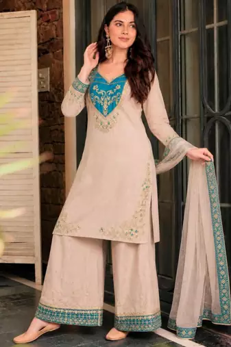 Beige cotton poly embroidered palazzo set