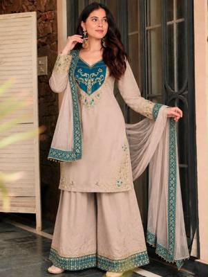 Beige cotton poly embroidered palazzo set 3
