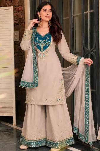 Beige cotton poly embroidered palazzo set