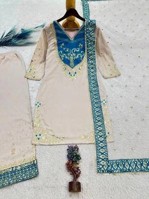 Beige cotton poly embroidered palazzo set 4