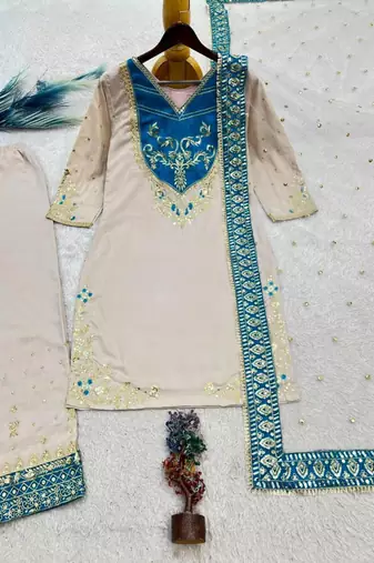 Beige cotton poly embroidered palazzo set