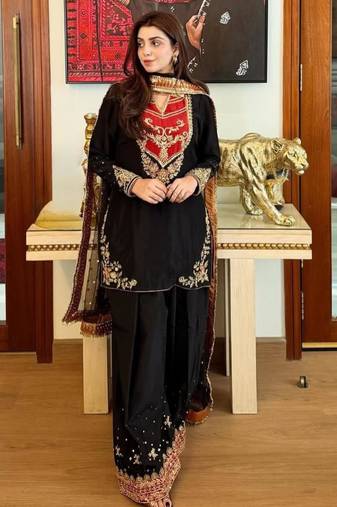 Black cotton poly embroidered palazzo set