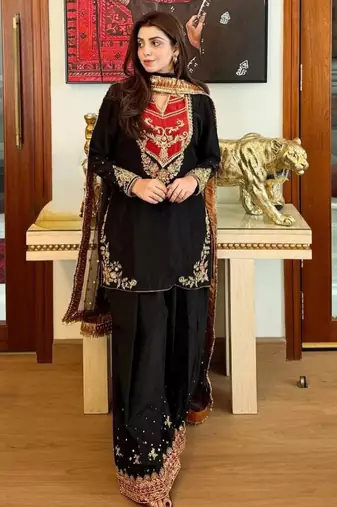 Black cotton poly embroidered palazzo set