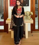 Black cotton poly embroidered palazzo set