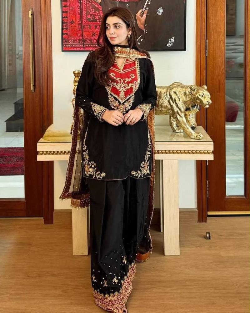 Black cotton poly embroidered palazzo set