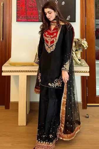 Black cotton poly embroidered palazzo set