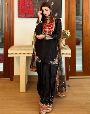 Black cotton poly embroidered palazzo set 3