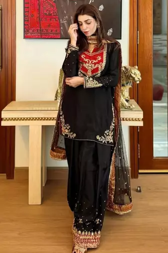 Black cotton poly embroidered palazzo set