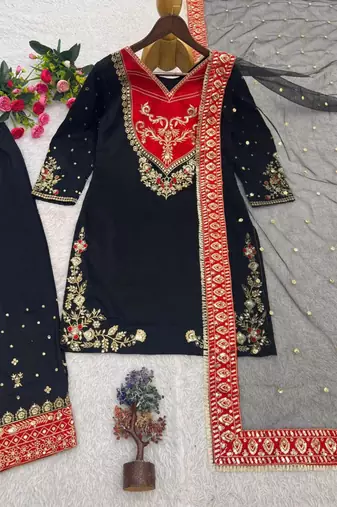 Black cotton poly embroidered palazzo set