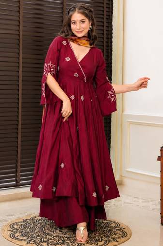 Dark-wine cotton poly embroidered palazzo set