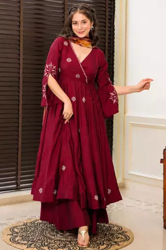 Dark-wine cotton poly embroidered palazzo set