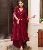 Dark-wine cotton poly embroidered palazzo set