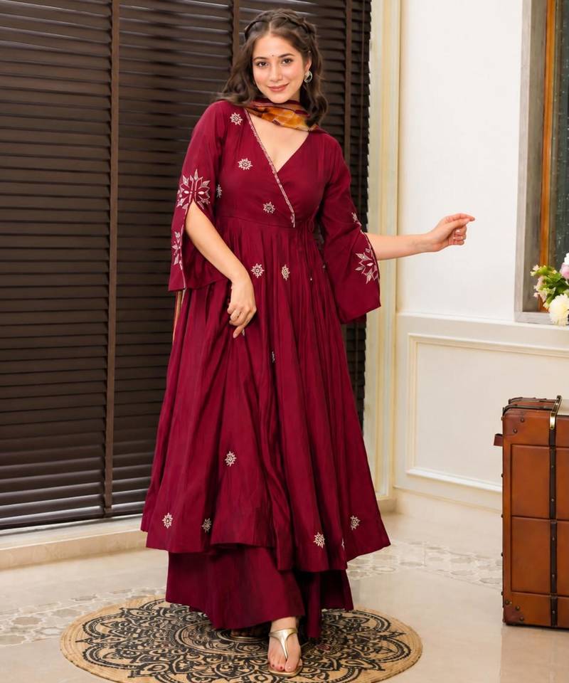 Dark-wine cotton poly embroidered palazzo set