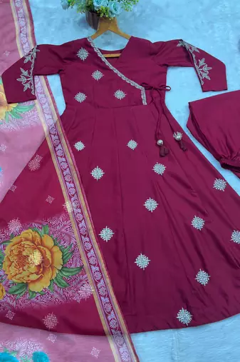 Dark-wine cotton poly embroidered palazzo set
