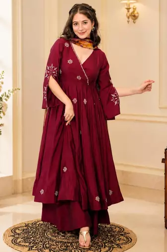 Dark-wine cotton poly embroidered palazzo set