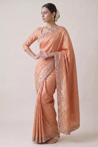 appealing peach-coral embroidery work with real bits work banarasi silk blend indian saree with blouse
