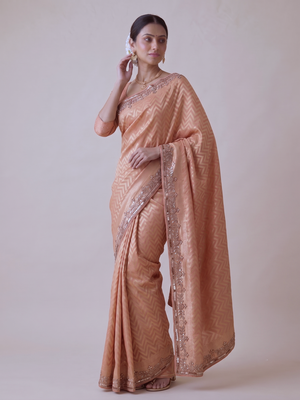 appealing peach-coral embroidery work with real bits work banarasi silk blend indian saree with blouse 2