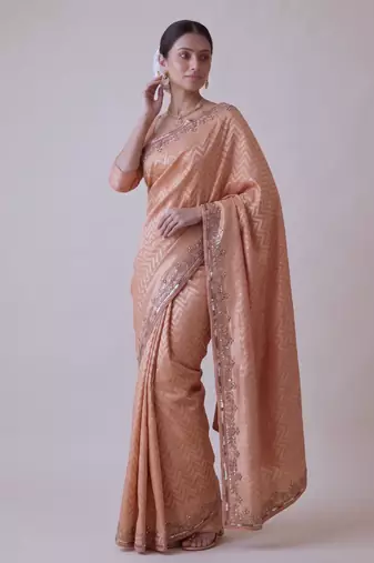 appealing peach-coral embroidery work with real bits work banarasi silk blend indian saree with blouse
