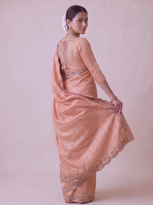 appealing peach-coral embroidery work with real bits work banarasi silk blend indian saree with blouse 3