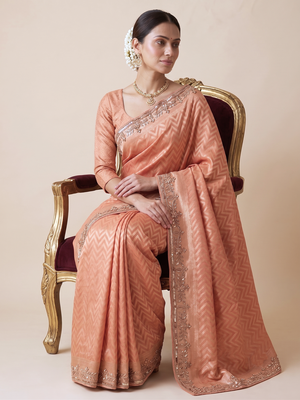 appealing peach-coral embroidery work with real bits work banarasi silk blend indian saree with blouse 4