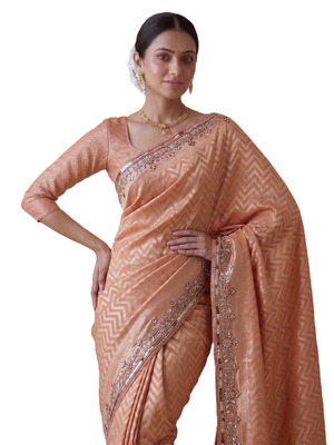 appealing peach-coral embroidery work with real bits work banarasi silk blend indian saree with blouse 5