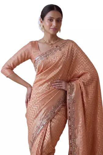 appealing peach-coral embroidery work with real bits work banarasi silk blend indian saree with blouse