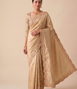 engaging beige-gold embroidery work with real bits work banarasi silk blend indian designer wedding saree