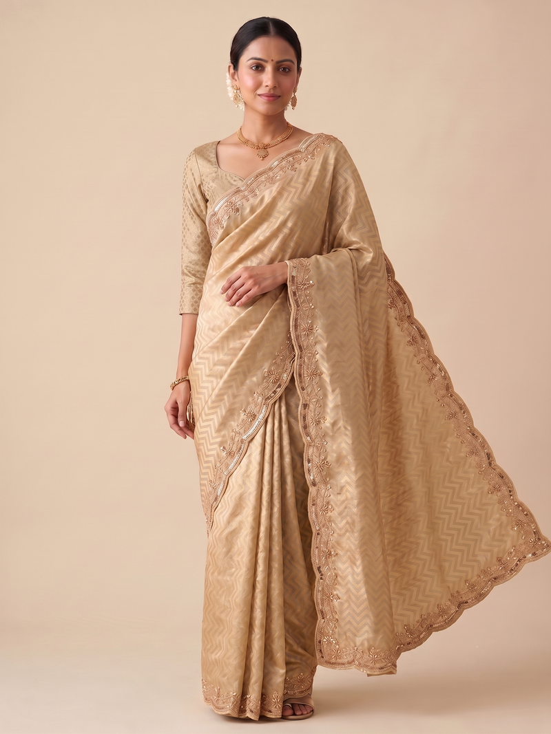 engaging beige-gold embroidery work with real bits work banarasi silk blend indian designer wedding saree