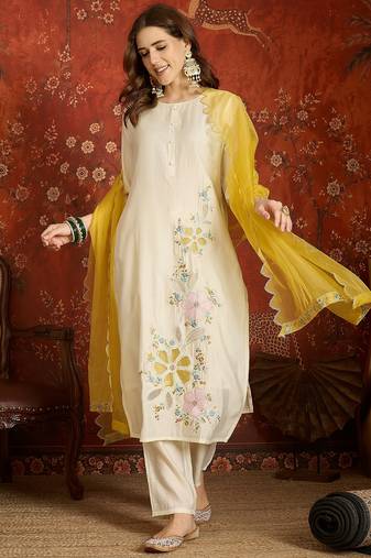 Off white embroidered silk blend 3-piece suit set