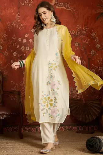 Off white embroidered silk blend 3-piece suit set
