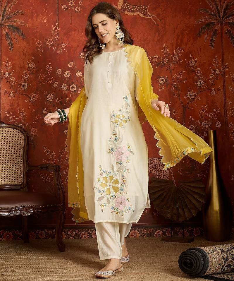 Off white embroidered silk blend 3-piece suit set