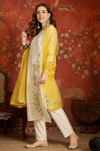 Off white embroidered silk blend 3-piece suit set
