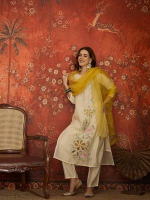 Off white embroidered silk blend 3-piece suit set 3