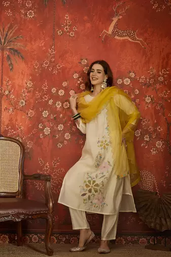 Off white embroidered silk blend 3-piece suit set