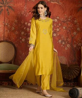 Mustard embroidered silk blend 3-piece suit set 1