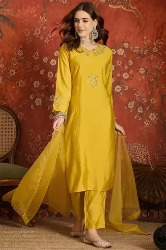 Mustard embroidered silk blend 3-piece suit set