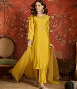 Mustard embroidered silk blend 3-piece suit set