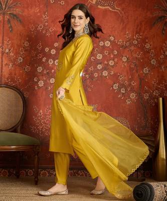 Mustard embroidered silk blend 3-piece suit set 2