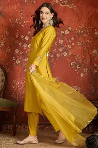 Mustard embroidered silk blend 3-piece suit set