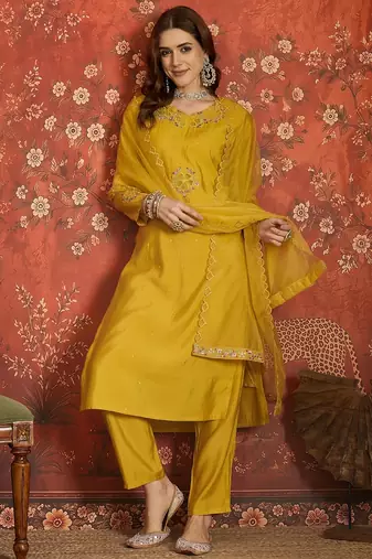 Mustard embroidered silk blend 3-piece suit set