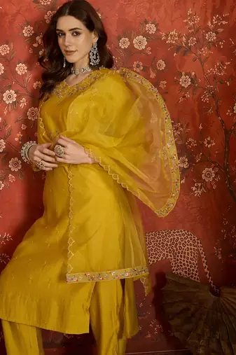 Mustard embroidered silk blend 3-piece suit set