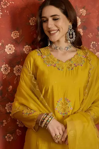 Mustard embroidered silk blend 3-piece suit set