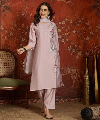 Mauve embroidered silk blend 3-piece suit set 1