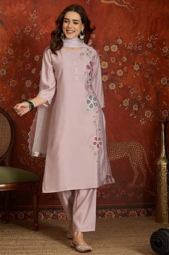Mauve embroidered silk blend 3-piece suit set