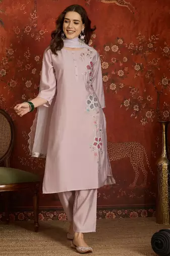 Mauve embroidered silk blend 3-piece suit set